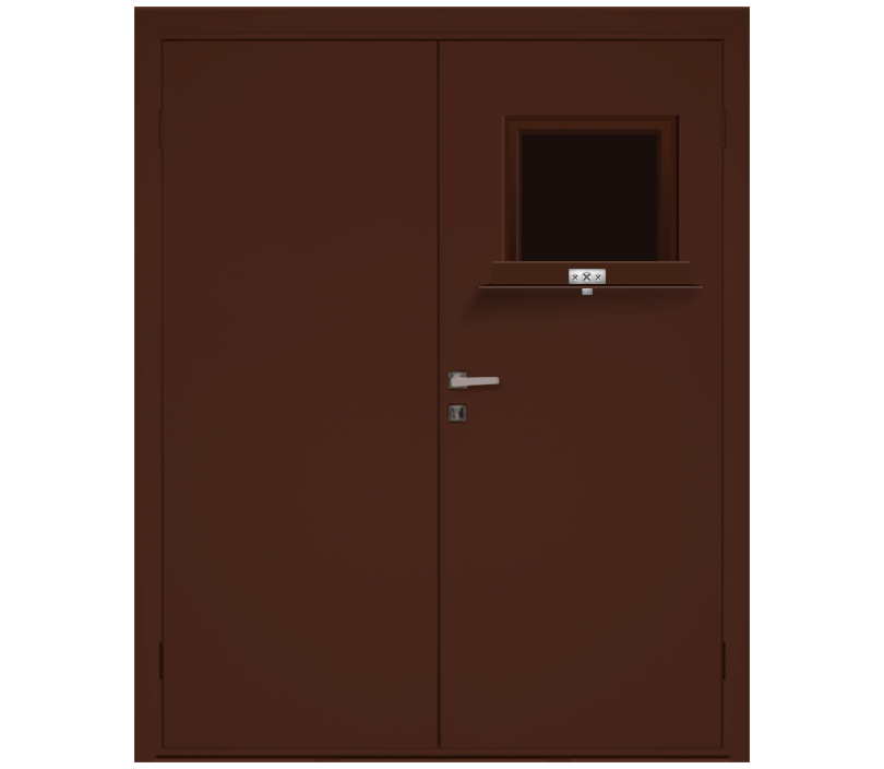 Влагостойкая дверь ПВХ EtaDoor с передаточным окном коричневая двухстворчатая с алюминиевой кромкой