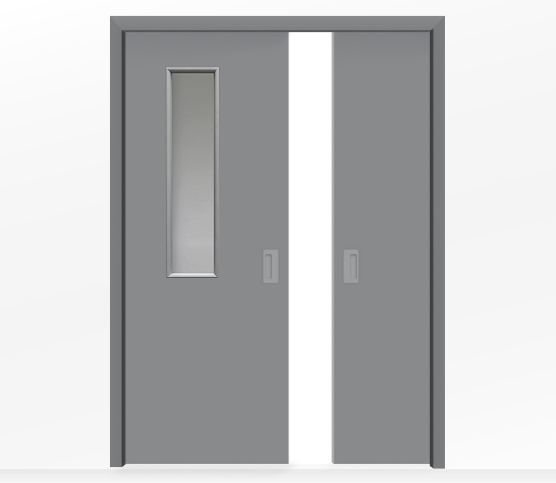 Дверь пенал раздвижная встроенная в стену двухстворчатая серая с окном