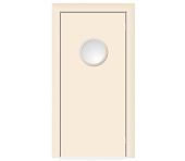 Влагостойкая дверь ПВХ EtaDoor с иллюминатором кремовая маятниковая одностворчатая с ПВХ кромкой